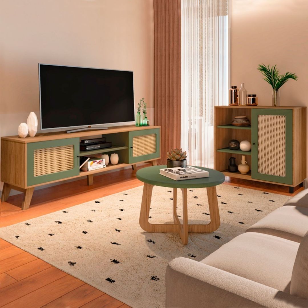 Sala de Estar Completa para TV Até 75 Polegadas Charlotte 3 Portas 3 Prateleiras CarvalhoMenta